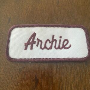 Archie‎ Name Patch Embroidered White & Brown Sew-On Personalized Uniform Tag